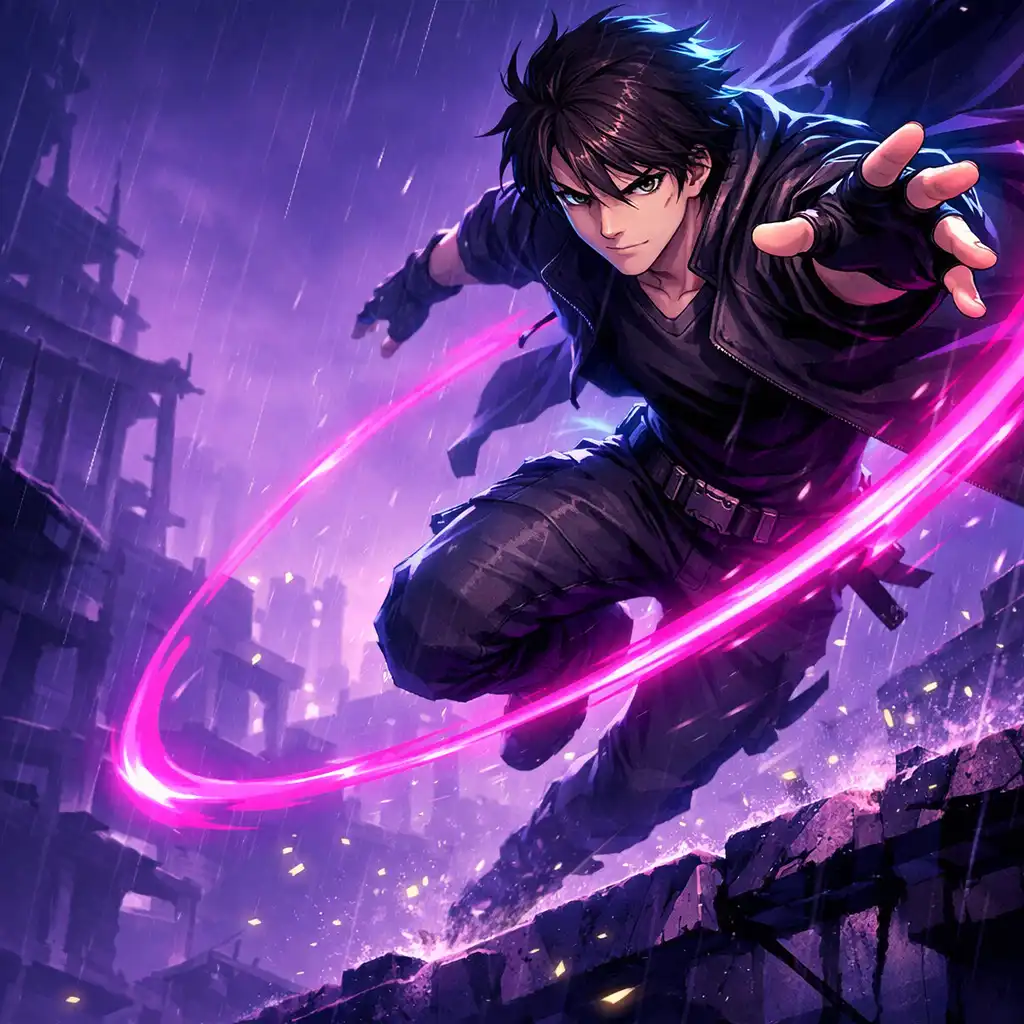 An agile hero leaping through neon-lit ruins