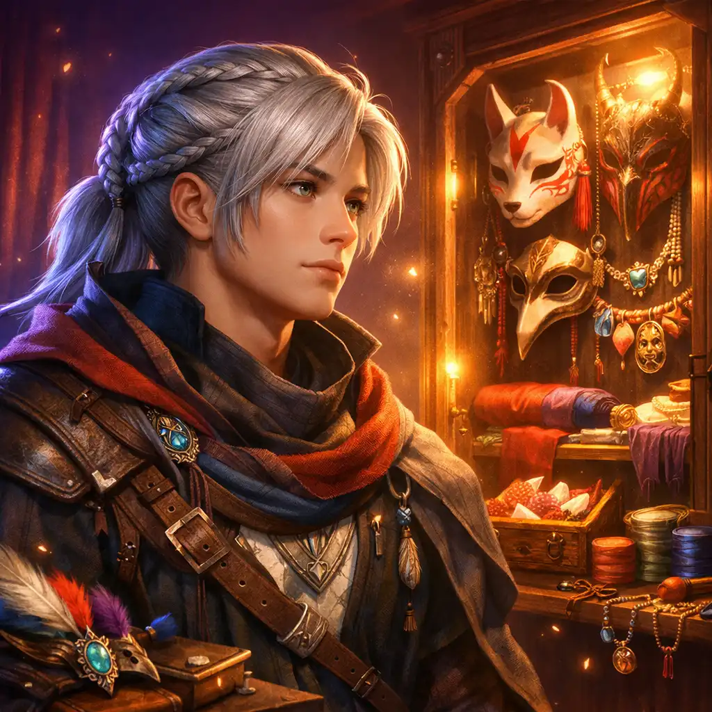 Silver-haired adventurer studying glowing masks and travel accessories in an atelier