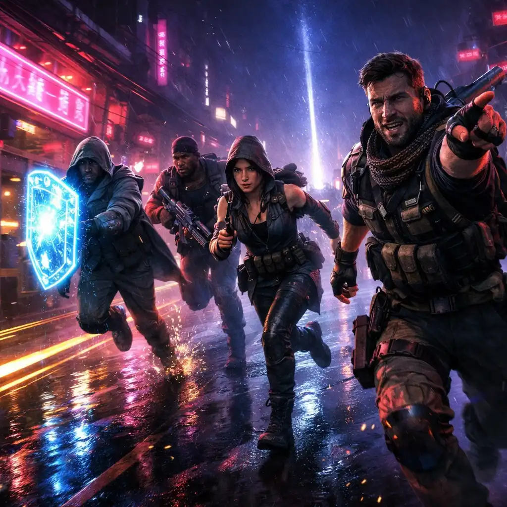 Four adventurers moving together through a neon marketplace toward a beacon