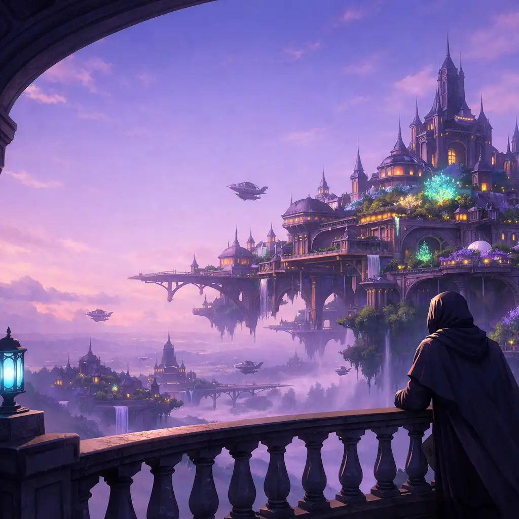 A cloaked figure looking over a floating city from an observatory balcony
