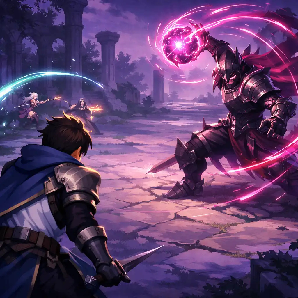 A hero and enemy facing each other in a vivid fantasy battle