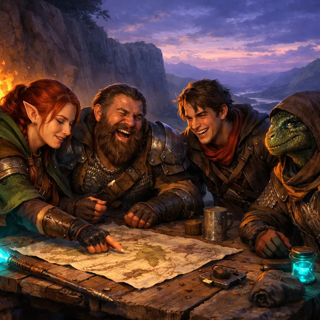 Fantasy companions planning together beside a campfire