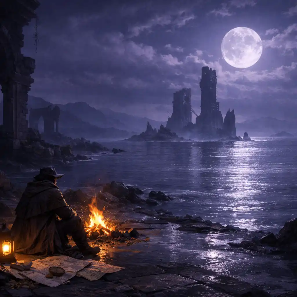 Traveller beside a campfire overlooking moonlit coastal ruins