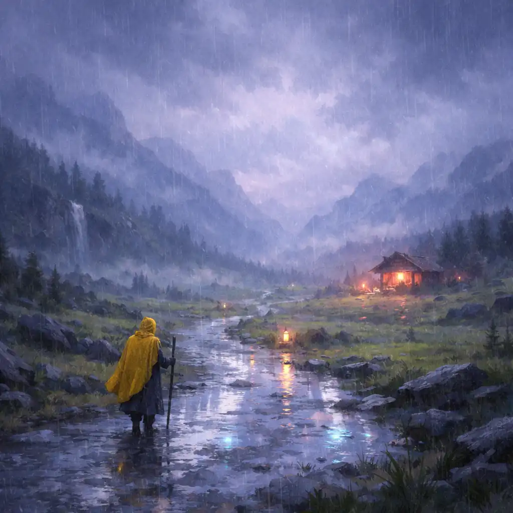 A traveller walking through a rainy fantasy valley toward a warm shelter