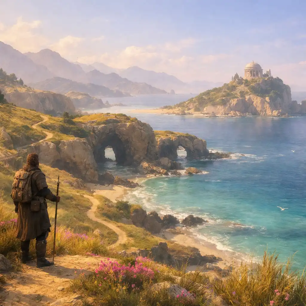 A lone explorer pausing above a sunlit fantasy coastline