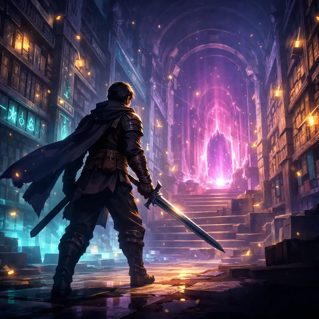 A sword-bearing traveller entering a glowing ancient archive chamber