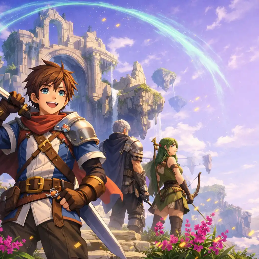 An adventuring party pauses before the entrance to ancient floating ruins