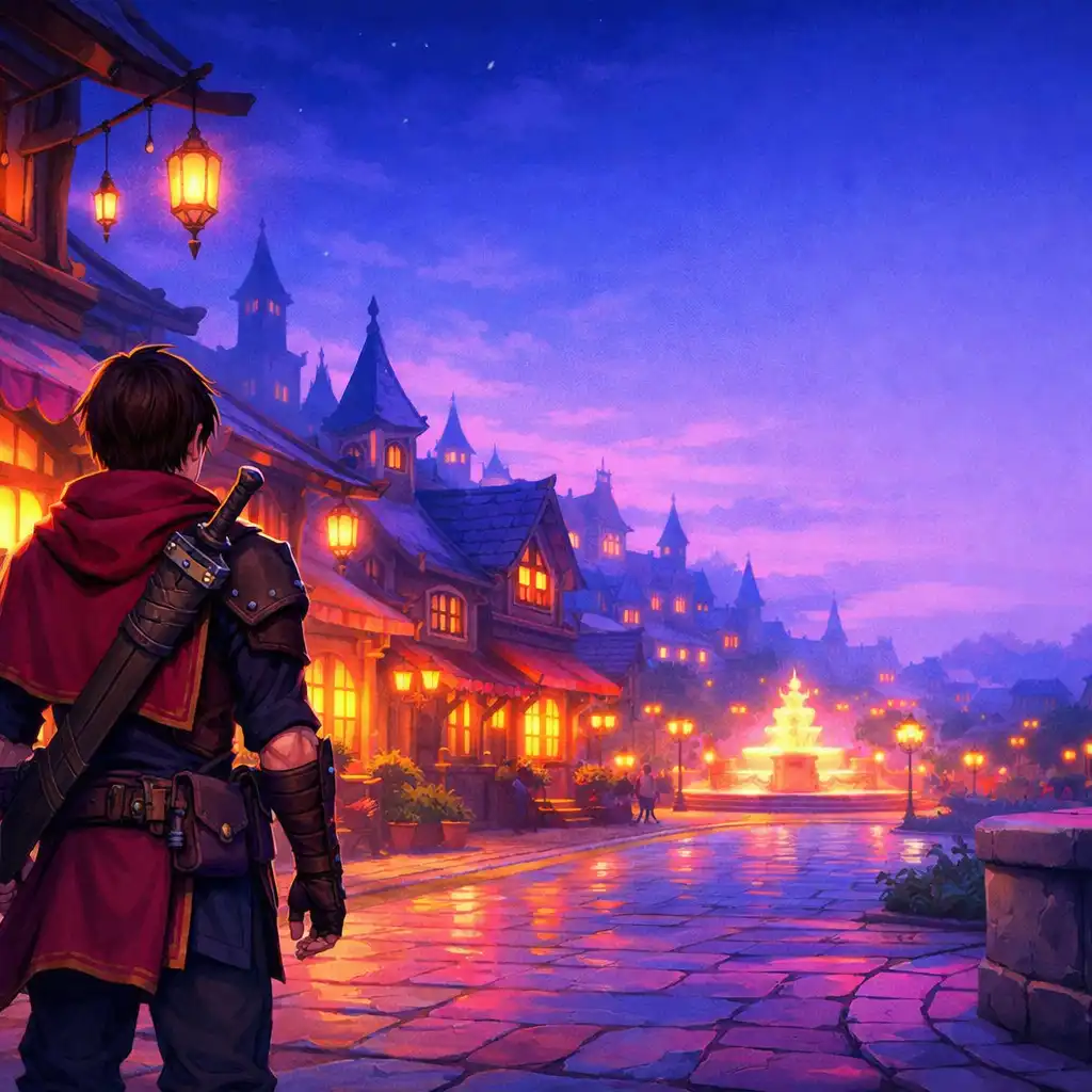 An adventurer looking down a lantern-lit fantasy town street at blue hour