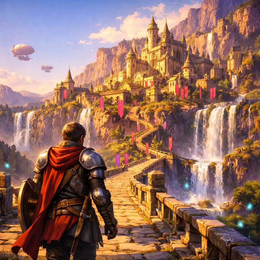 Armoured traveller crossing a bridge toward a cliffside city