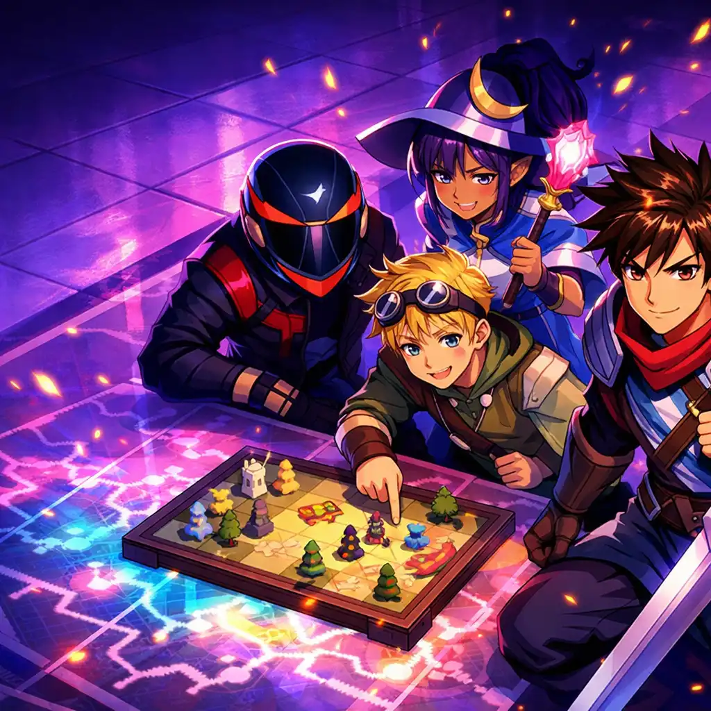 An adventuring party gathered around a glowing map room floor