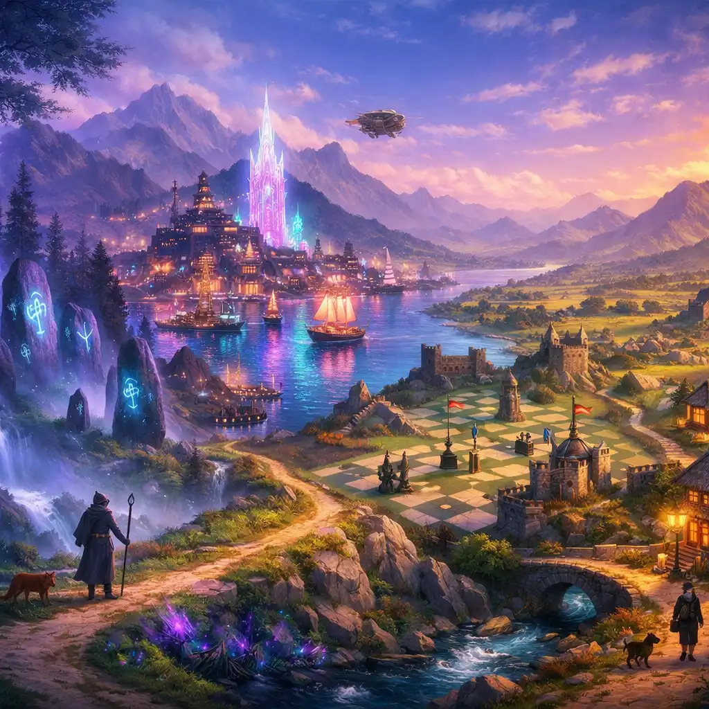 Misty rune forest and ancient ruins