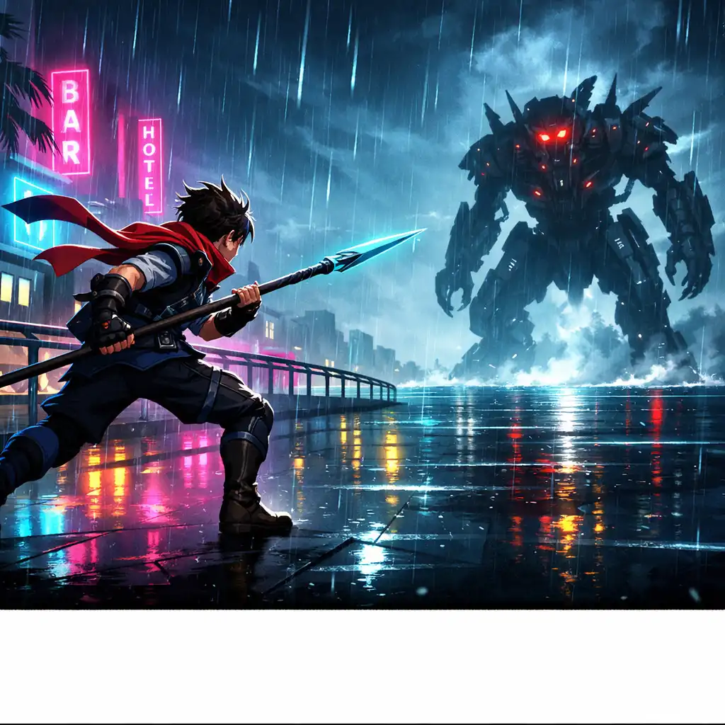 Spear-wielding hero facing a distant mechanical creature