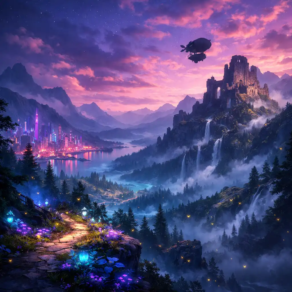 Glowing forest path beneath a violet sky