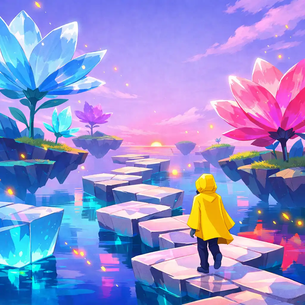 A lone explorer walking through a surreal floating garden