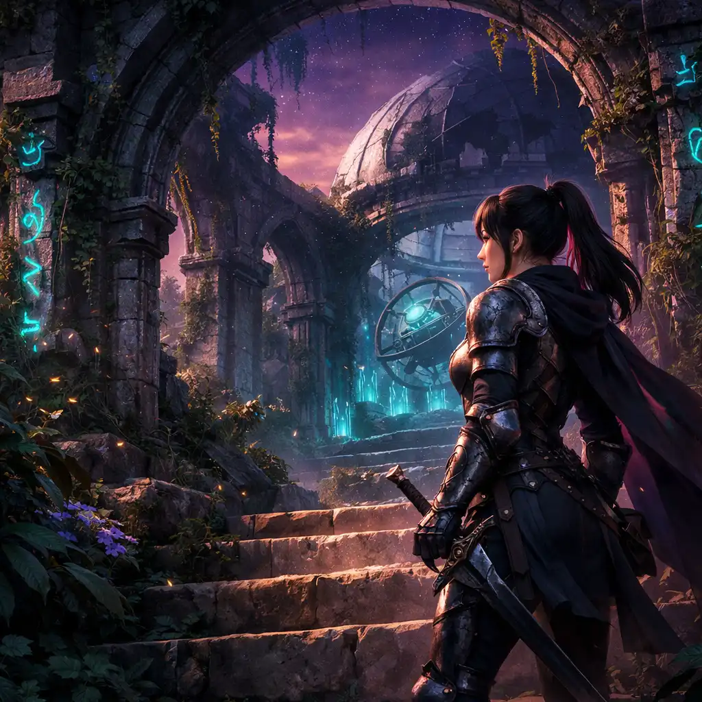 Armoured heroine approaching an ancient observatory