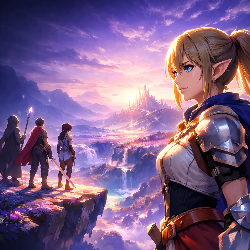 Three fantasy adventurers looking across a luminous lavender valley