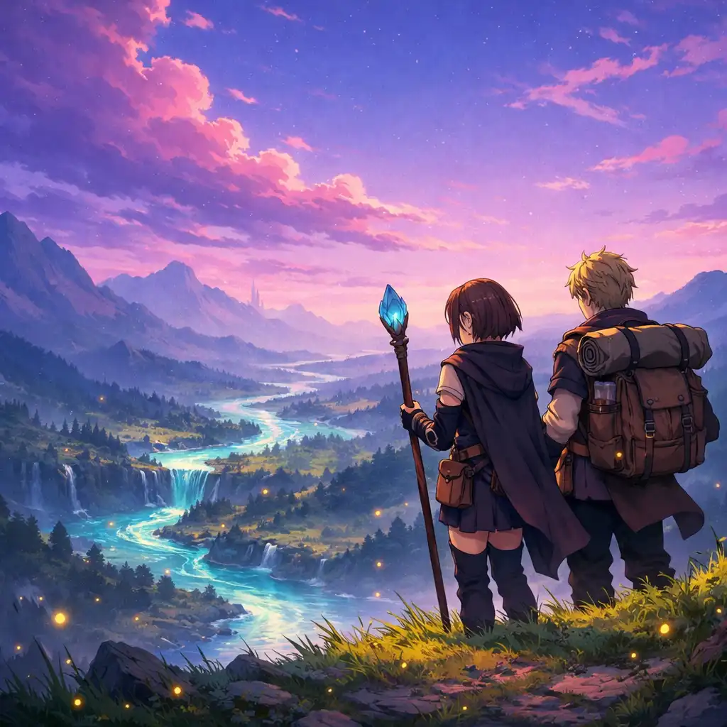 Two travelling companions overlooking a luminous fantasy valley