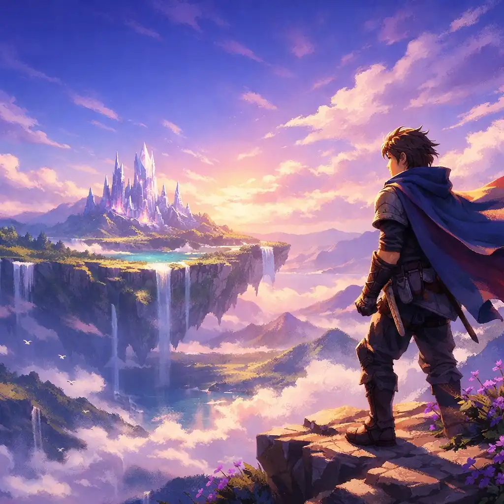Cloaked adventurer looking across a luminous floating valley and crystalline ruins