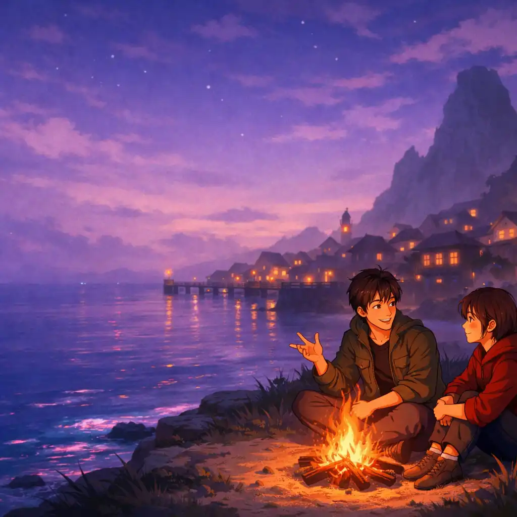 Two friends sharing a campfire beside a coastal town