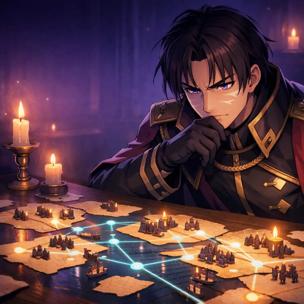 A commander studying a glowing tabletop battlefield