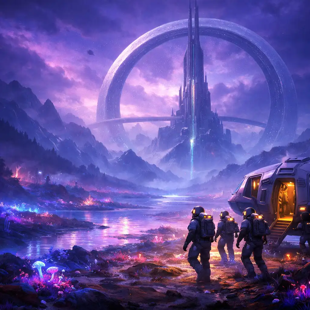 Exploration crew entering a bioluminescent alien valley