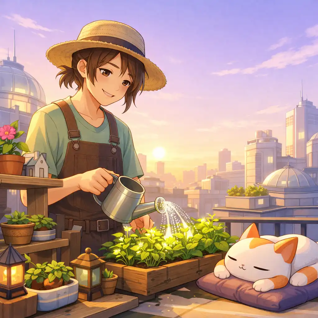 A maker tending a rooftop garden at sunrise